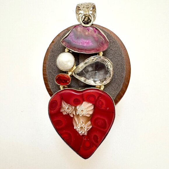 VTG Sterling Silver 925 Multi-Gemstone Glass Heart Pendant Size 3.25" Length - Picture 3 of 13